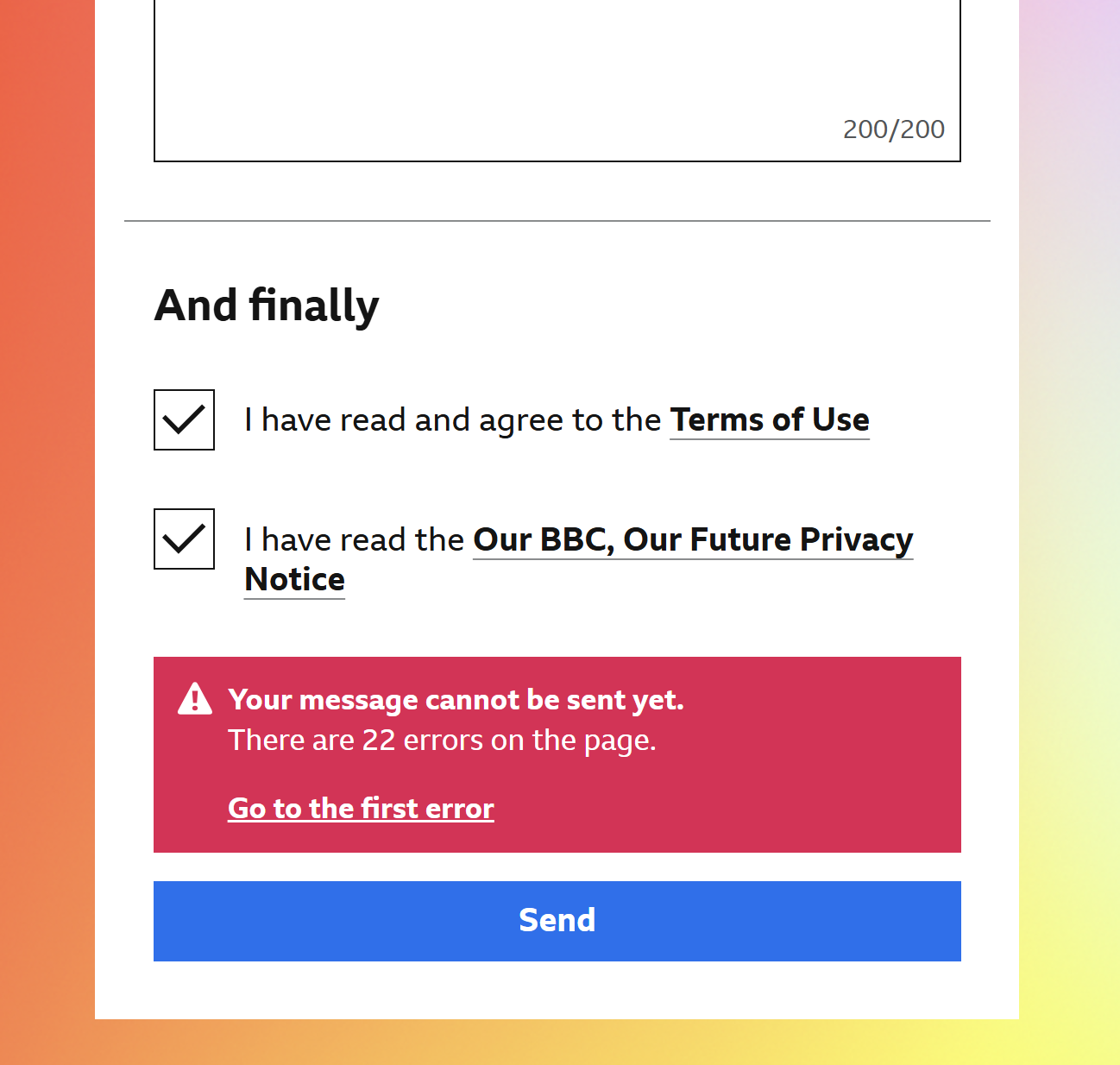 BBC survey page with 22 errors