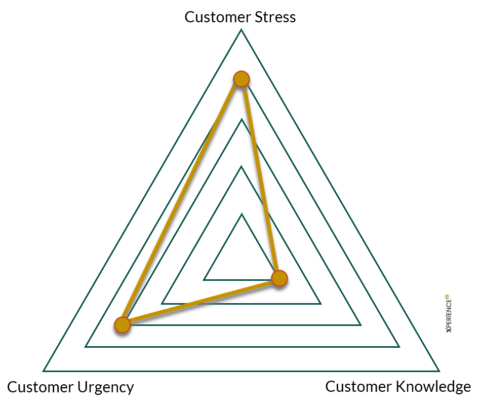 Radar chart showing Customer Urgency, Customer Knowledge and Customer Stress. When they increase, the result metric 'CS Team Resources' increases proportionally.