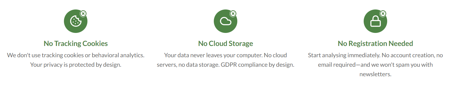 No cookies, no cloud, no registration - A privacy-focused approach to web design showing three key features: no tracking cookies, no cloud storage, and no registration needed. Source: segmentor.app/about