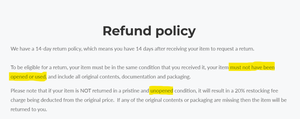 Image shows return policy with "must not have been opened or used" and "unopened" highlighted in yellow